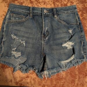 Distressed High Rise Blue Denim Women Shorts